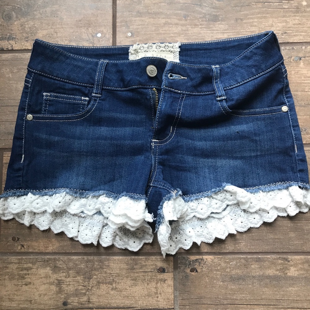 Altar’d State Jean Lace Flare Denim shorts